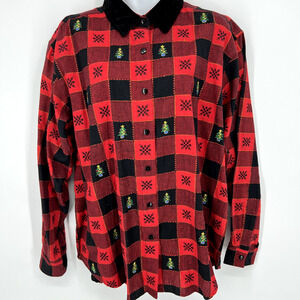 Vintage Casey & Max Buffalo Plaid Embroidered Christmas Tree Button Shirt L